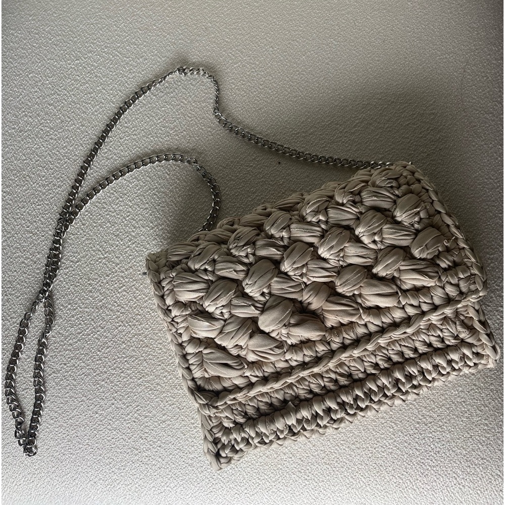 Neutral Woven Fabric Cross Body with silver chain